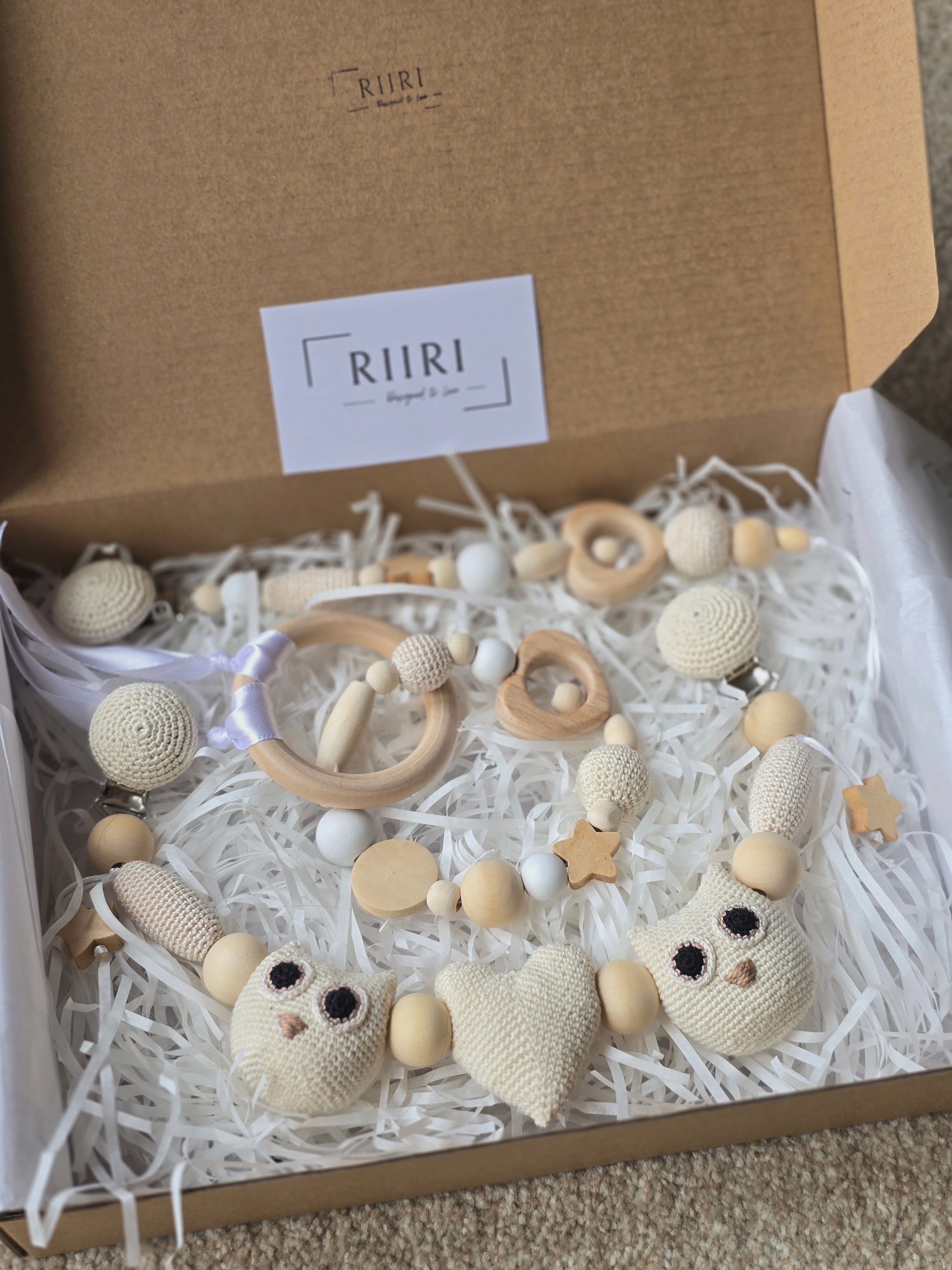 Baby Gift Set - Baby Pram Accessory, Rattle Toy, Dummy Pacifier Clip Owl White