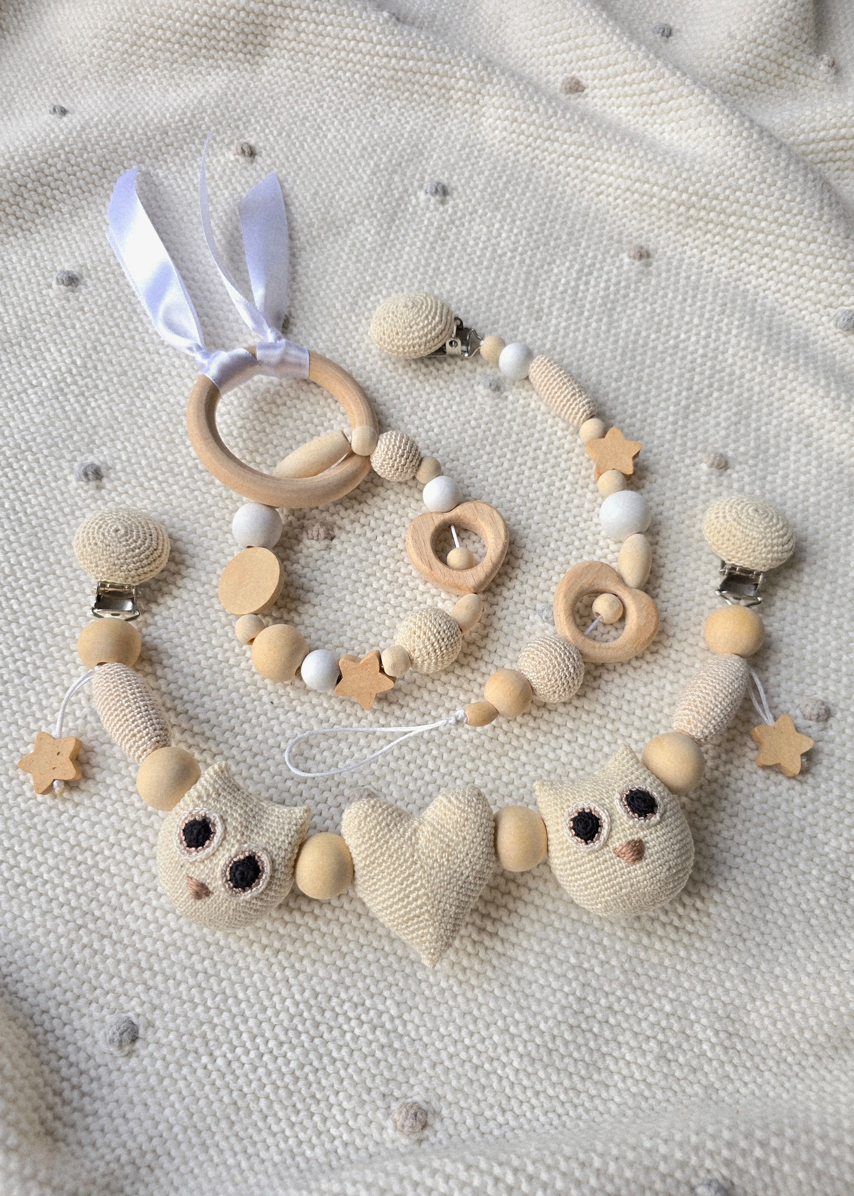 Baby Gift Set - Baby Pram Accessory, Rattle Toy, Dummy Pacifier Clip Owl White