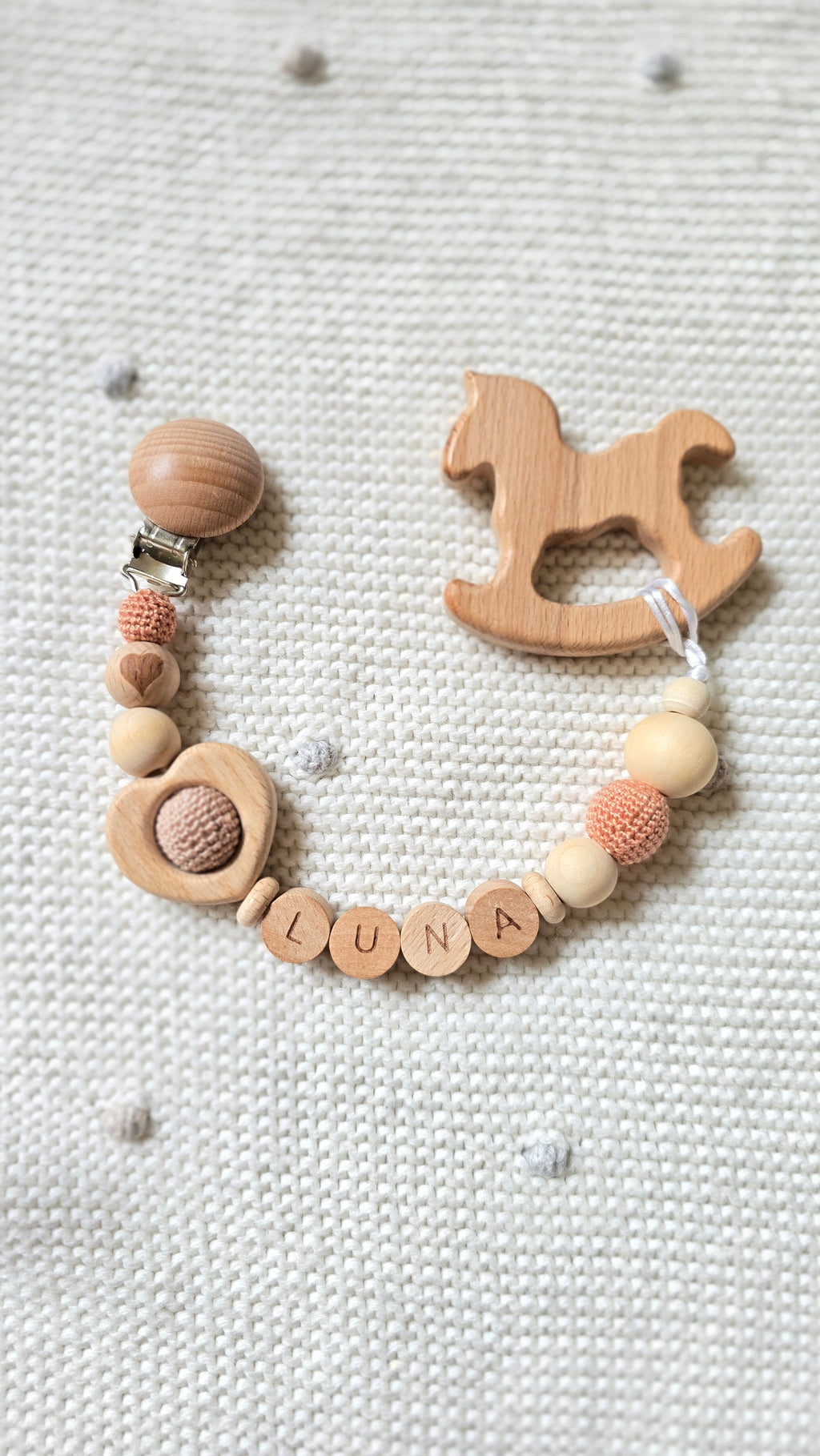 Personalised Baby Dummy Pacifier Clip / Teething Toy Clip, Natural Wood Camel