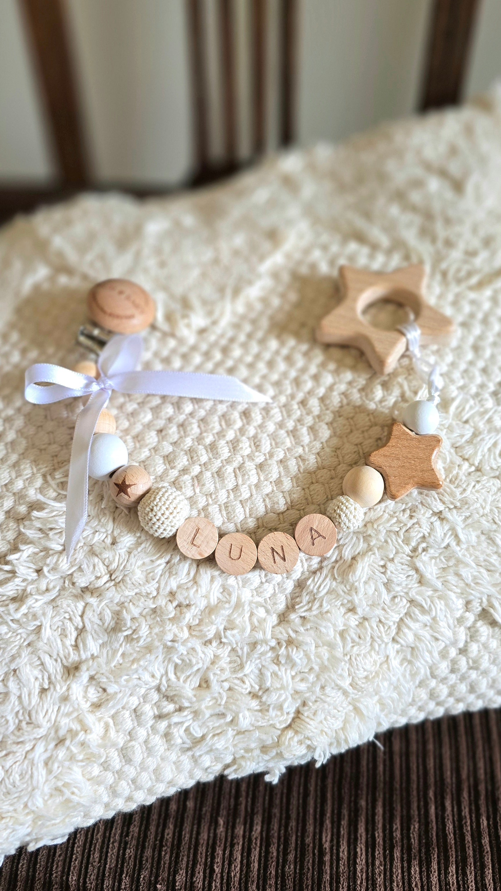 Personalised Baby Dummy Pacifier Clip / Teething Toy Clip, Natural Wood White