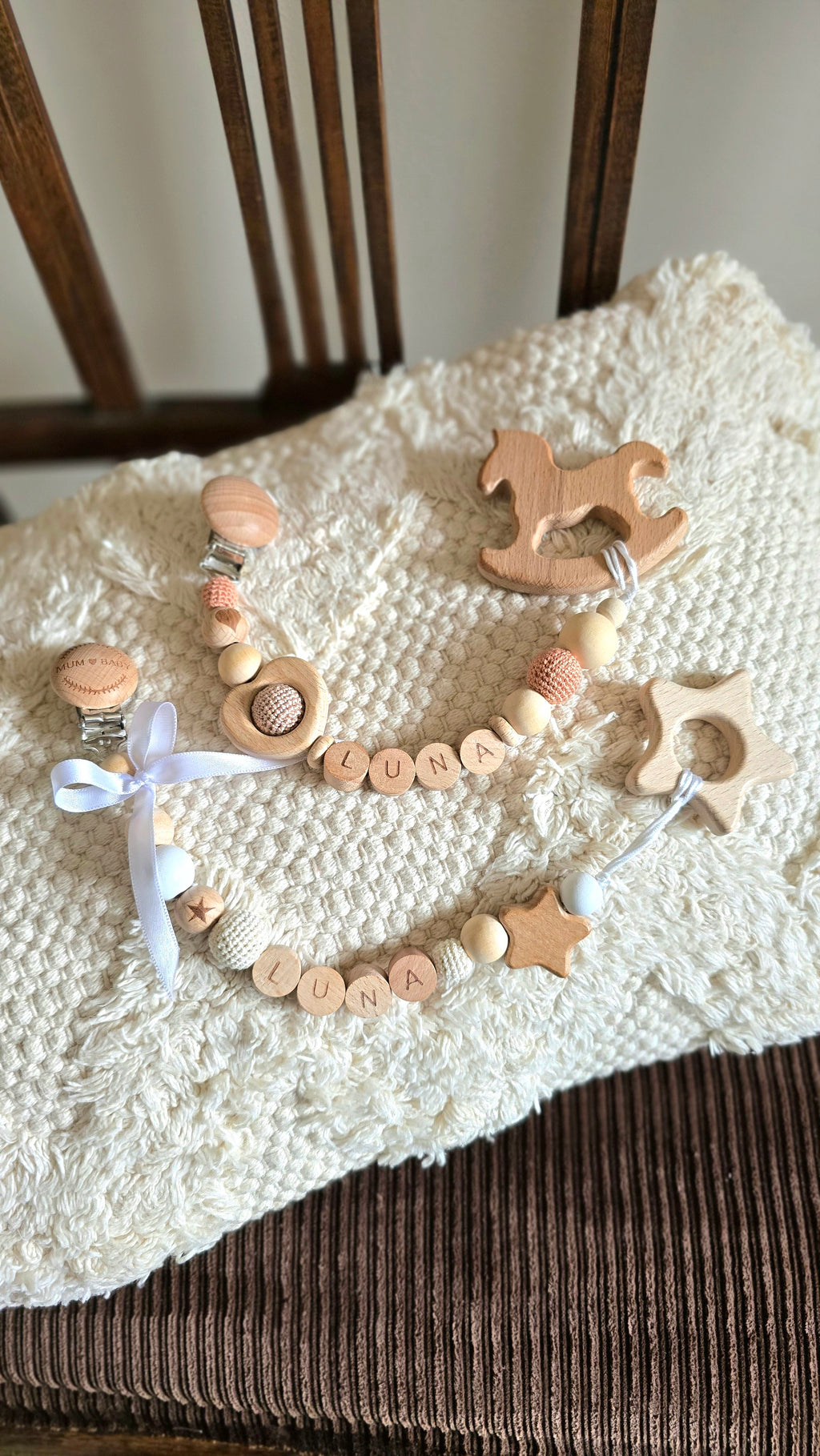 Personalised Baby Dummy Pacifier Clip / Teething Toy Clip, Natural Wood Camel