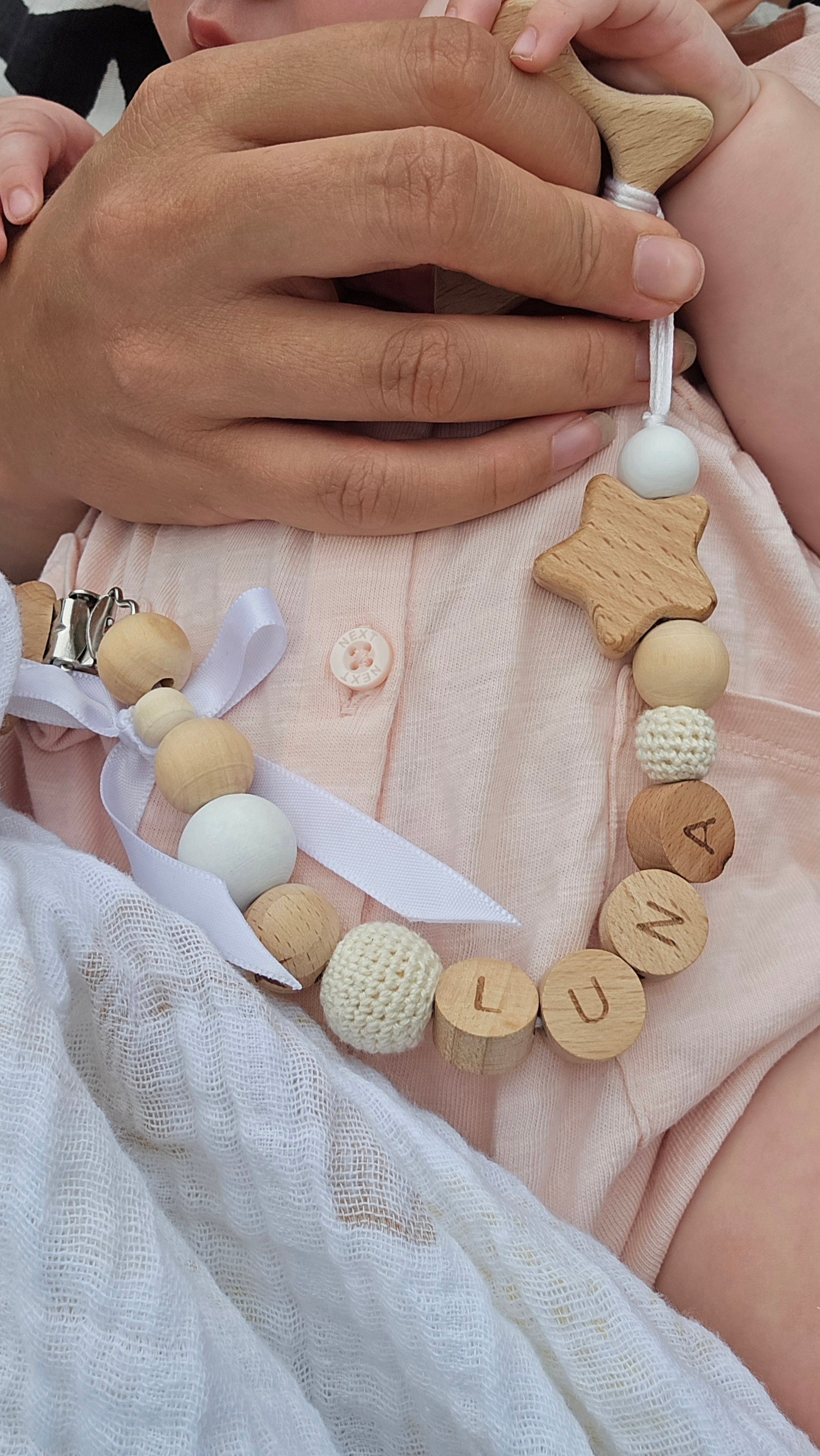 Personalised Baby Dummy Pacifier Clip / Teething Toy Clip, Natural Wood White