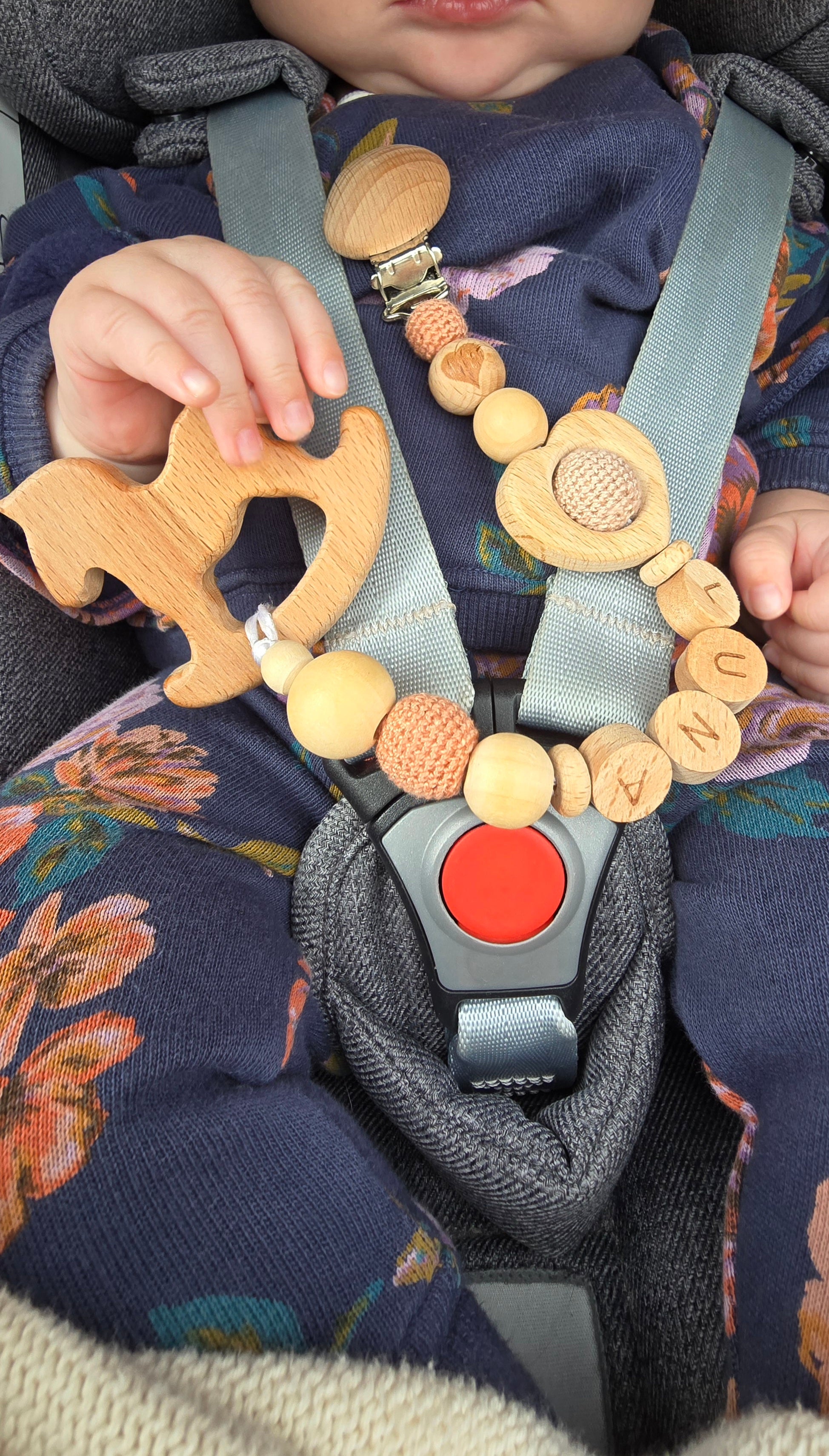 Personalised Baby Dummy Pacifier Clip / Teething Toy Clip, Natural Wood Camel